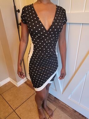 Polka Dot Wrap Mini Dress in Black & White